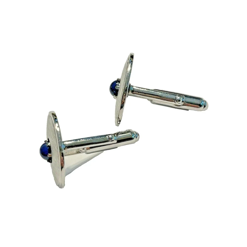 Vintage Anson Sterling Silver Cufflinks Brushed Discs with Blue Center Stones